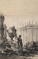 Fantasía arquitectónica con jarrón, herma y columnata